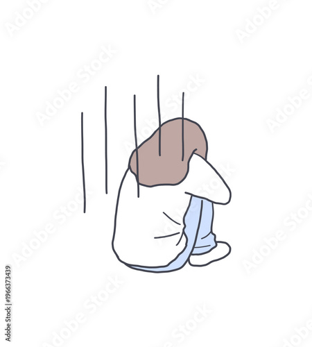 体育座りで落ち込む後ろ姿の女性のイラスト素材