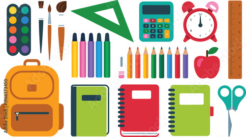 Minimalist educational vector set of school stationery featuring backpack, triangular ruler, notebooks, calculator, paintbrushes, coffee cup, and clock