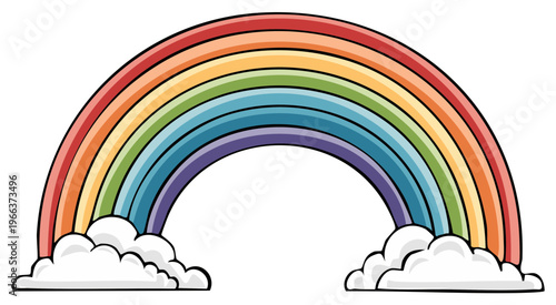Vibrant Cartoon Rainbow Arching Above Clouds with Vivid Colors