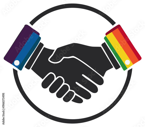 Diverse handshake symbol with colorful sleeve cuffs showing partnership unity and global collaboration