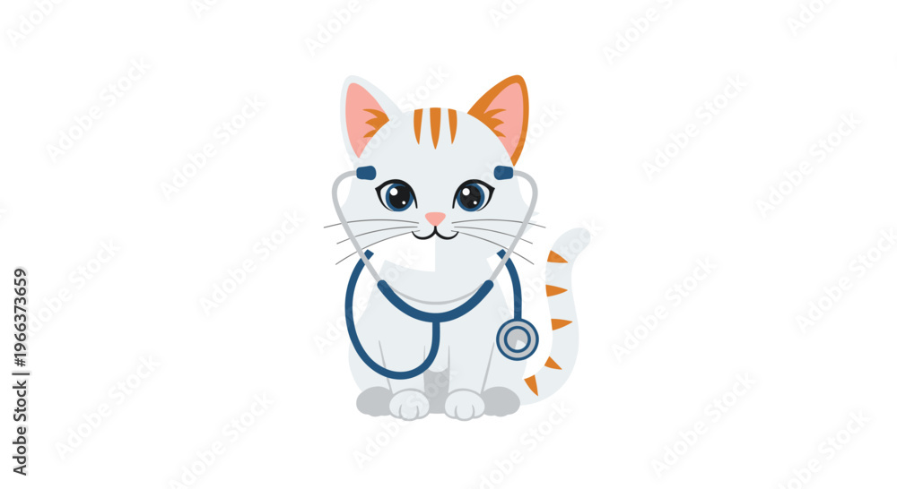 Fototapeta premium A cute cartoon white cat with orange stripes sits upright wearing a blue stethoscope.