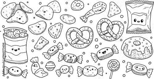 Kawaii Snacks and Sweets Doodle Set. Hand-Drawn Line Art Collection of Cute Chips, Pretzels, Donuts, and Candies for Children's Designs.