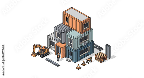 An isometric illustration displays a multi-level building made from stacked shipping containers with an excavator and a construction worker.