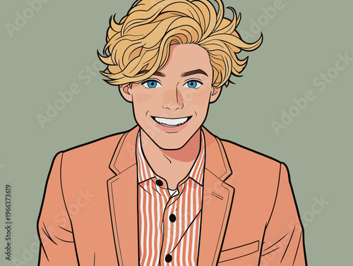 Young man in orange suit smiling with blue eyes and blonde hair against a simple background