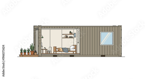 A cross-section illustration displays the interior of a converted shipping container home with a bedroom and a small patio.