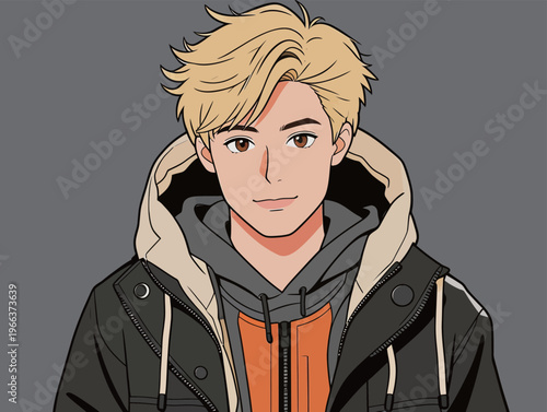 Young person with blond hair wearing a black jacket and gray hoodie against a gray background