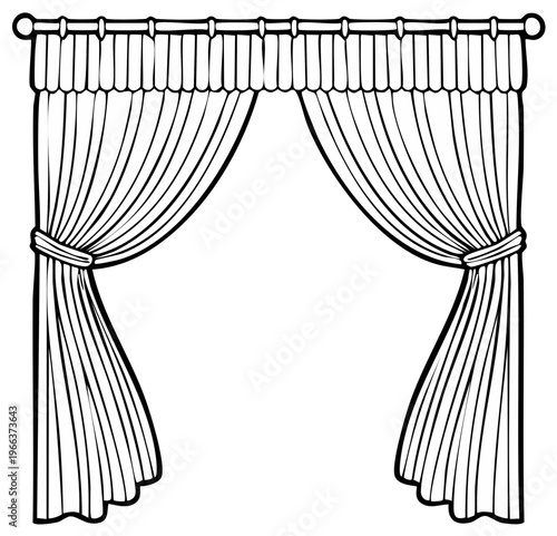 Draped Curtains Illustration: Line Art of Elegant Window Covering with Ties and Soft Folds
