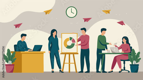 Productive business team collaborating, analyzing data, and managing tasks