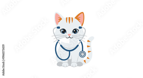 A cute cartoon white cat with orange stripes sits upright wearing a blue stethoscope.