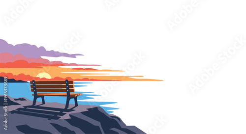 A stylized illustration shows a wooden bench on a rocky cliff overlooking a colorful sunset over the blue sea.