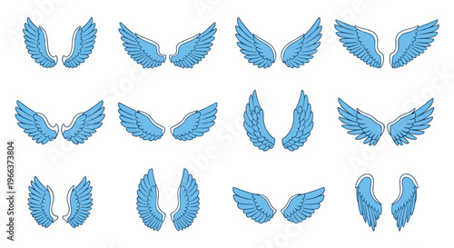 A collection of twelve distinct pairs of stylized blue wings with varying feather patterns is arranged on a white background.