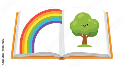 An open hardcover book displays a colorful rainbow on one page and a smiling cartoon tree on the other on a white background.