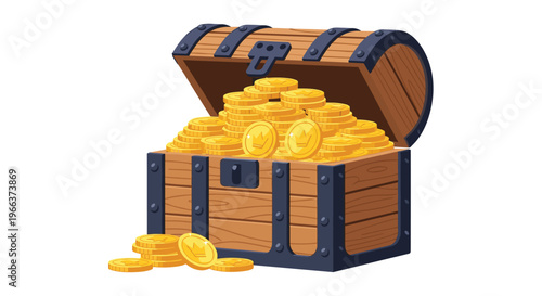 An open wooden treasure chest overflows with stacks of gold coins, some spilling out onto a white background.