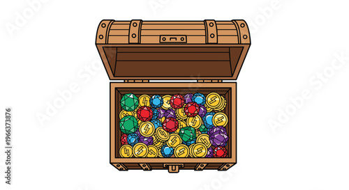 An open wooden treasure chest is filled with colorful gems and gold coins featuring lightning bolt symbols on a white background.