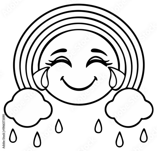 Cartoon Rainbow Crying Underneath Clouds with Rain Drops in Black and White Outline