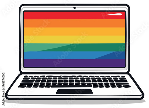 Open laptop computer displaying a vibrant rainbow flag on its screen symbolizing pride and diversity