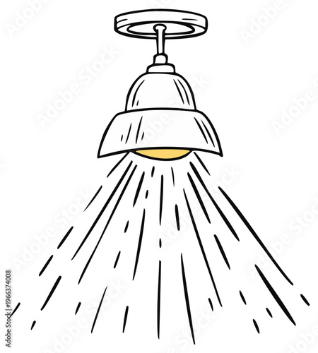 Illustration of Pendant Light Fixture with Downward Rays, Black and White Drawing