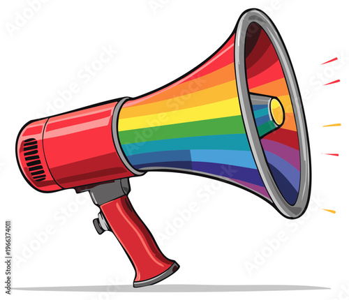 Red megaphone with rainbow colors for announcements, proclamations, celebrations and public addresses in bright vector format