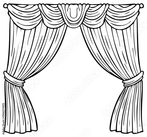 Elegant draped stage curtains with swags and tie backs in a simple line art style