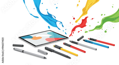 A digital tablet with colorful paint splashes is surrounded by various stylus pens on a white surface.