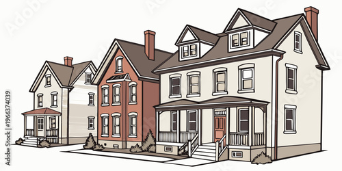 Large two-story house with balconies and decorative trim under a blue sky