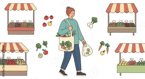 A person walks with grocery bags filled with fresh produce amidst four market stalls and floating fruits and vegetables.