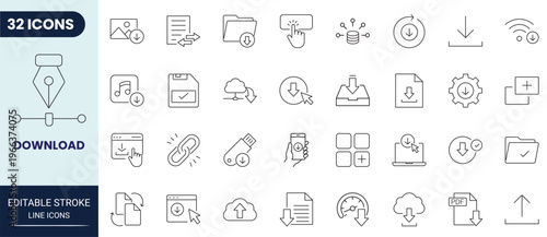 Download icon set in outline style. Editable stroke. Vector icon collection.
