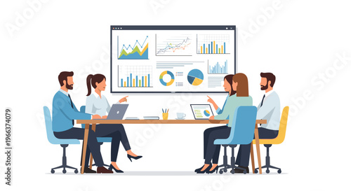 Four business professionals discuss data and analytics in a modern meeting room with a large display screen.