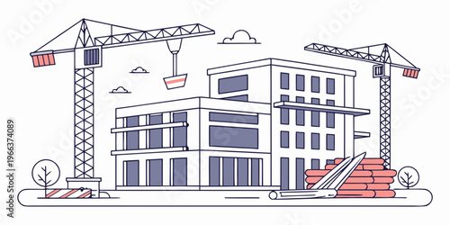 A detailed aerial view of a large, modern house with multiple floors and a red car parked outside