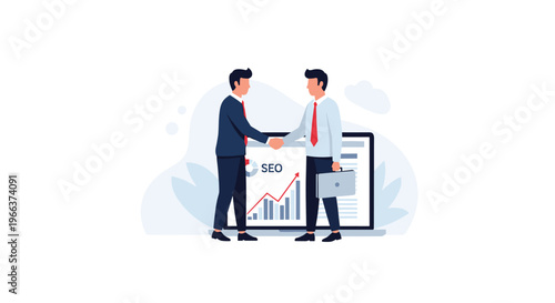 Two businessmen in suits shake hands in front of a large screen displaying SEO data and a rising bar chart.