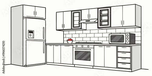 Interior view of a modern kitchen with key appliances highlighted