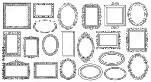 A large collection of twenty-three empty, ornate picture frames in black and white line art is displayed against a white background.