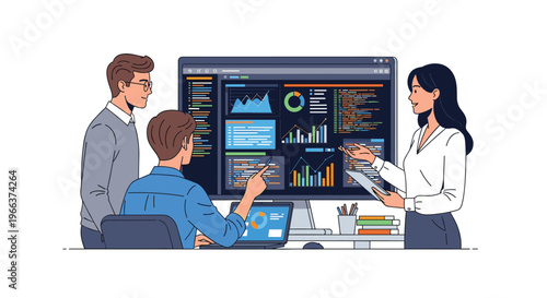 Three diverse professionals collaborate in an office, viewing a large monitor displaying data visualizations and code, with one man pointing and a woman holding a tablet.