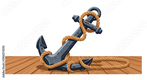 A rusty grey anchor with a brown rope wrapped around it rests on a wooden deck against a white background.