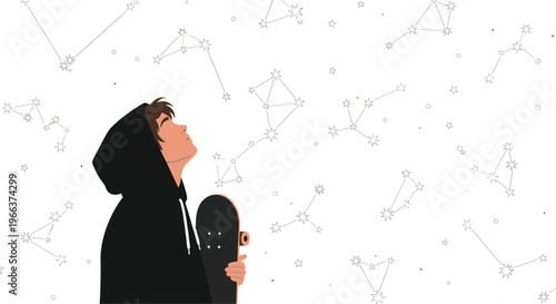 A young man in a black hoodie holds a skateboard while looking up at constellations against a white background.