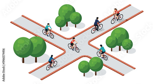 Seven people are riding bicycles on a brick-bordered, X-shaped intersection surrounded by green trees against a white background.