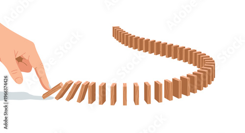 A human hand pushes a wooden domino block, initiating a long, curved chain reaction of numerous wooden blocks.