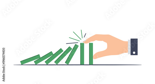 A human hand with a blue cuff stops a row of falling green domino blocks on a dark line.