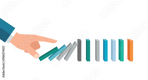 A human hand with a blue sleeve pushes a teal domino block, initiating a chain reaction of various colored blocks.
