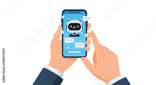 Two human hands hold a blue smartphone vertically, displaying an artificial intelligence chatbot interface with chat bubbles.