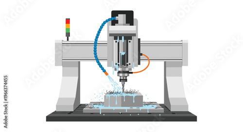 A large grey computer numerical control machine with a blue coolant hose sprays water onto a metal block, producing shavings.