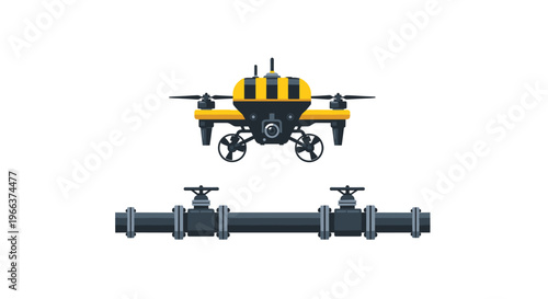 A yellow and black underwater drone hovers above a dark grey pipe section with two valves on a white background.