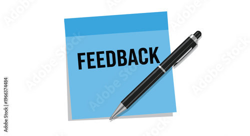 A blue sticky note with FEEDBACK written on it and a black pen is placed on a white background.
