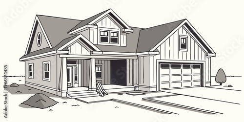 A cozy two-story house with a wraparound porch and a chimney