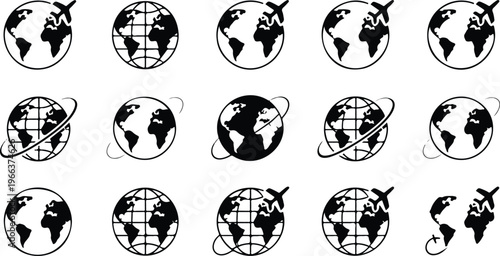 Flat line art collection of 16 Earth icons including flying planes, orbital paths, and standard globe symbols clean modern vector illustration