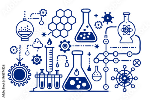Chemical Reaction Laboratory Experiment with Color Change and Gas Formation Scientific Illustration