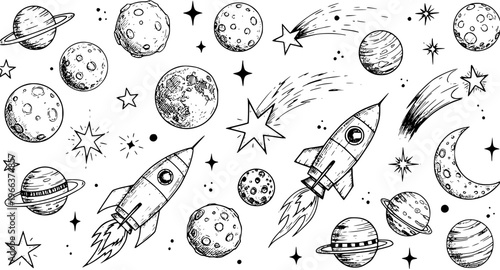 Space Travel Doodles: Hand-Drawn Rockets, Planets, Stars, and Moons Vector Illustration