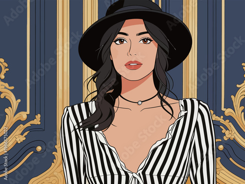 Young woman wearing a striped shirt and a hat posing in front of blue and gold background with ornate decor