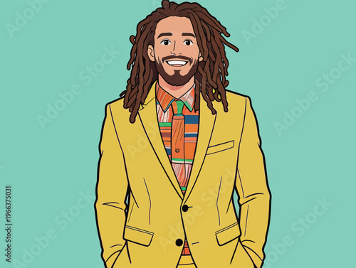 Man with dreadlocks in a yellow suit smiles against a solid background during a casual photo session