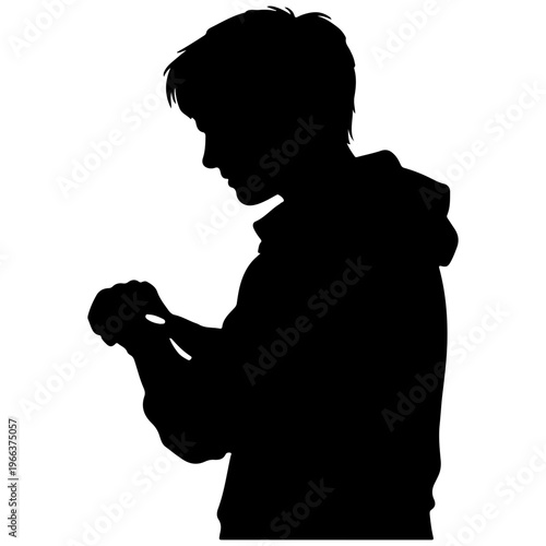 Silhouette of young person looking at smartwatch on white background